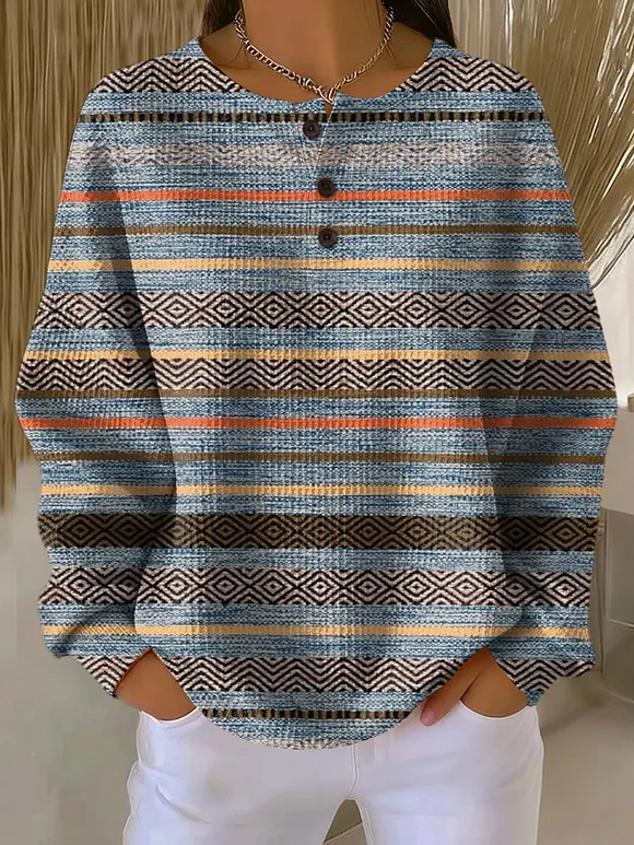 Women's Retro Stripe Pattern Art Print Casual Cotton Shirt