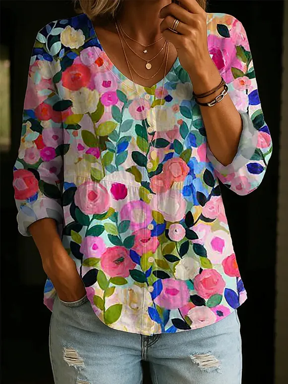 Women's Retro Floral Pattern Art Print Casual Cotton Shirt