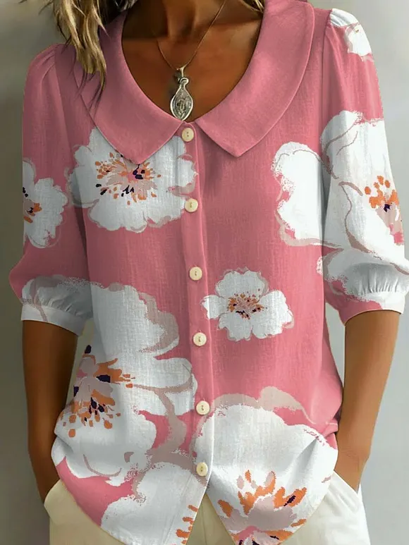 Women's Retro Floral Art Print Casual Stylish Cotton Linen Shirt