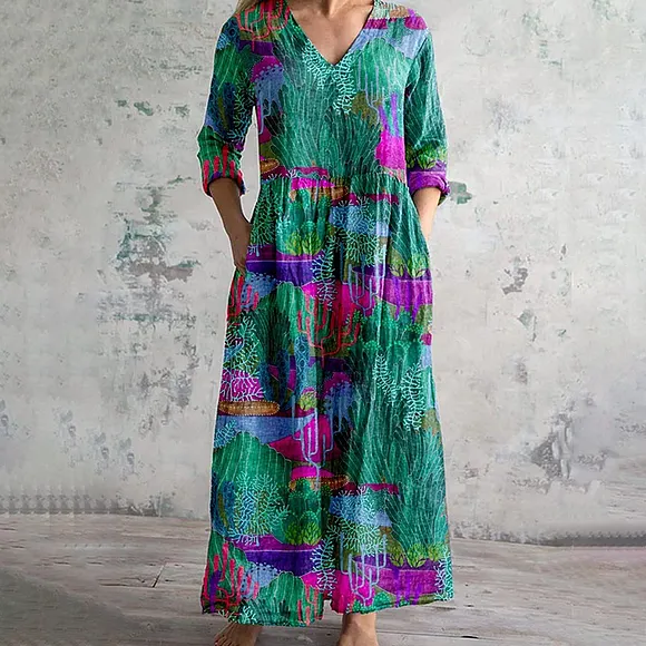Underwater World Print V-Neck Casual Midi Dress