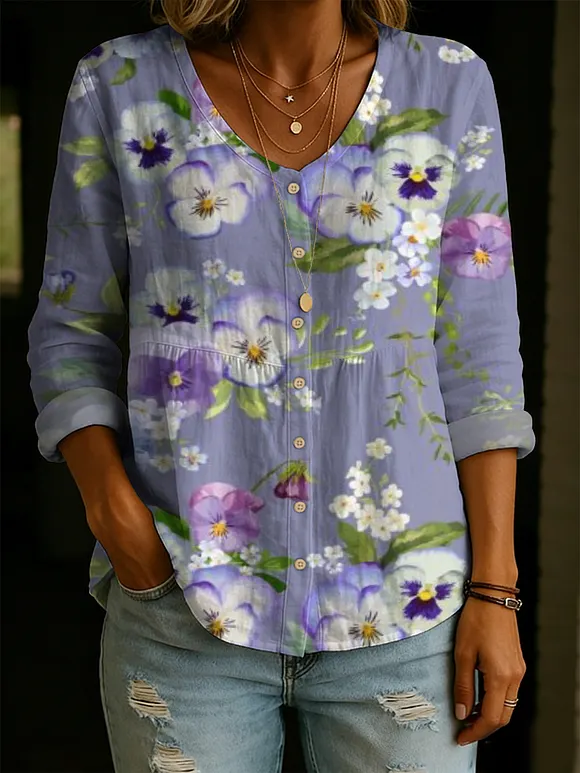 Women's Gentle And Elegant Floral Decorative Patterns Linen And Cotton Shirt