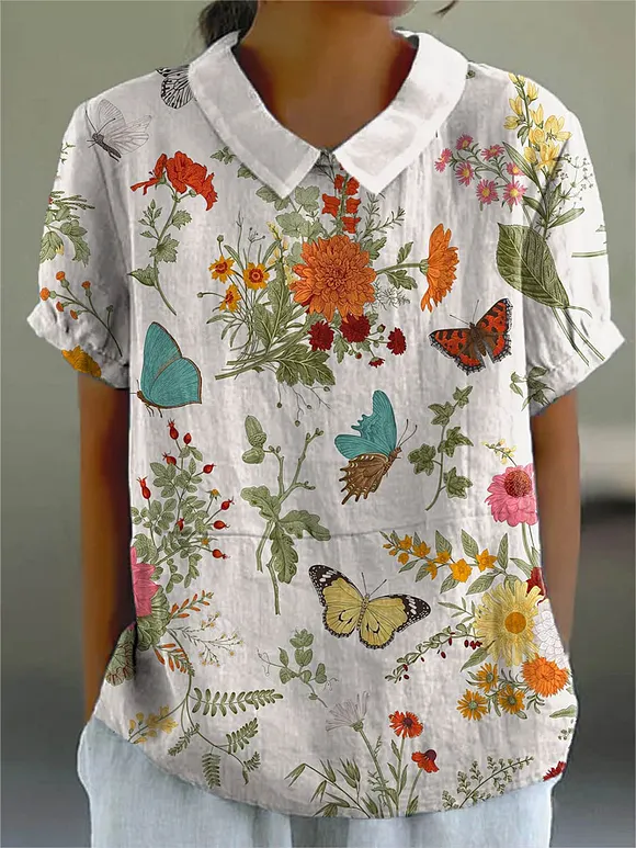 Women's Vintage Lovely Floral Pattern Art Print Casual Cotton And Linen Shirt