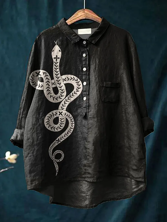 Women's Vintage Snake Art Print Casual Cotton And Linen Shirt