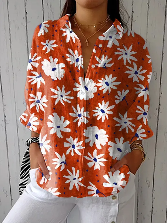 Women's Vintage Floral Art Print Casual Linen V-neck Shirt
