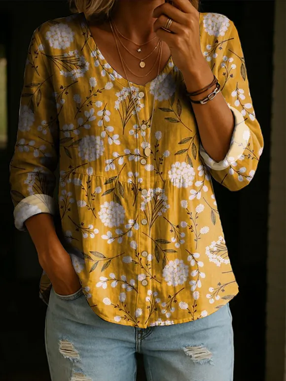 Women's Floral Pattern Art Print Casual Cotton Shirt