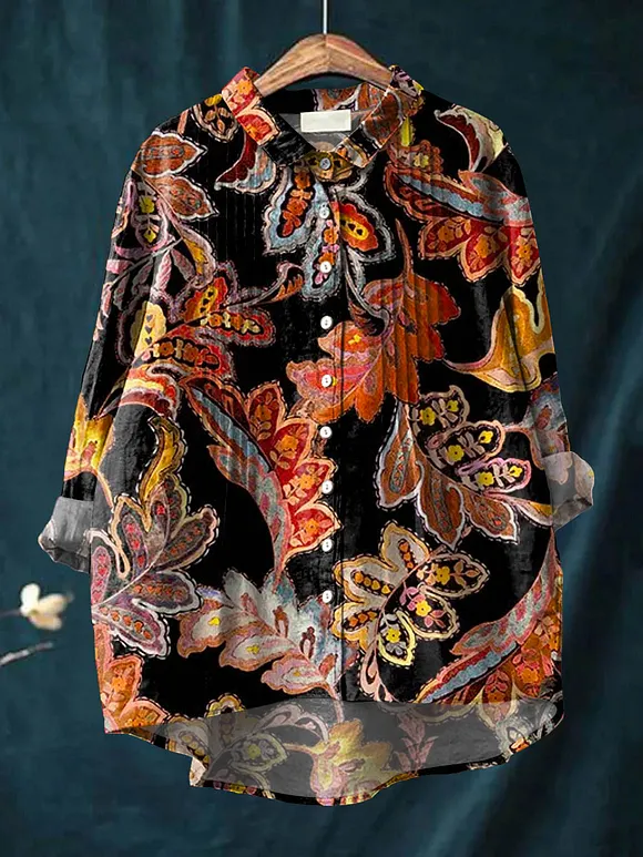 Women's Vintage Floral Art Print Casual Cotton And Linen Ruffle Shirt