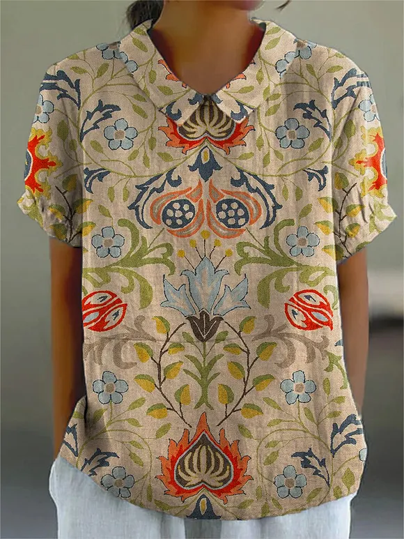 Women's Vintage Ethnic Floral Art Print Casual Cotton And Linen Shirt