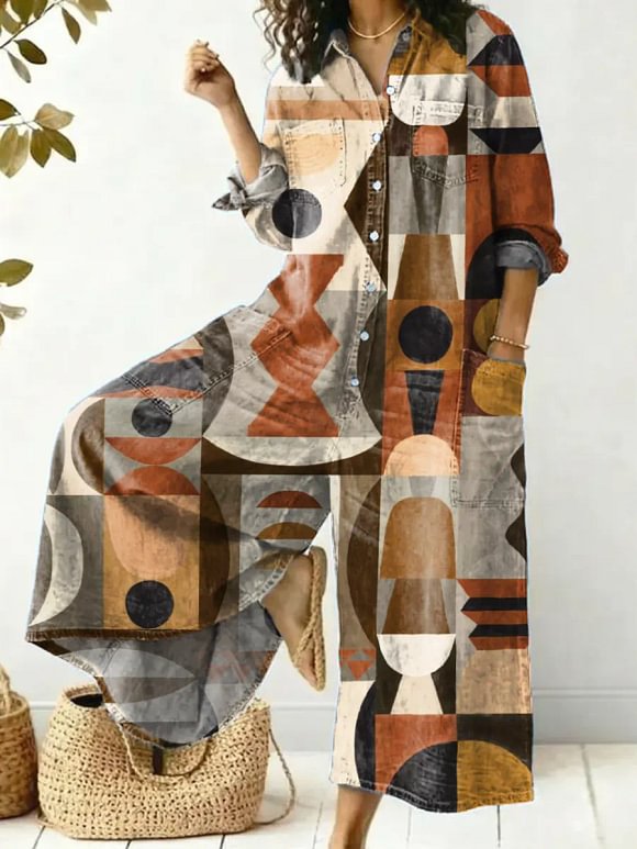 Women's Abstract Geometric Pattern Art Print Casual Cotton Jumpsuit