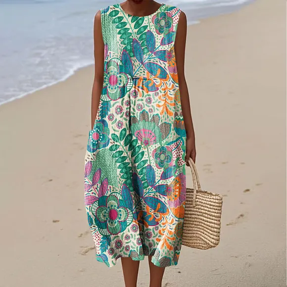 Women's Vintage Flower Art Print Sleeveless Cotton Pocket Wrap Dress