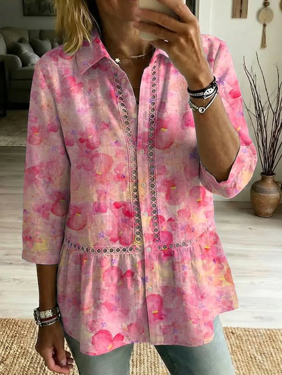Women's Retro Floral Art Print Casual Lapel Cotton Shirt