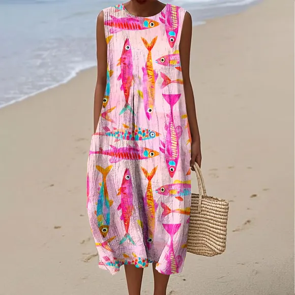 Women's Colorful Fish Art Print Sleeveless Cotton Pocket Wrap Dress