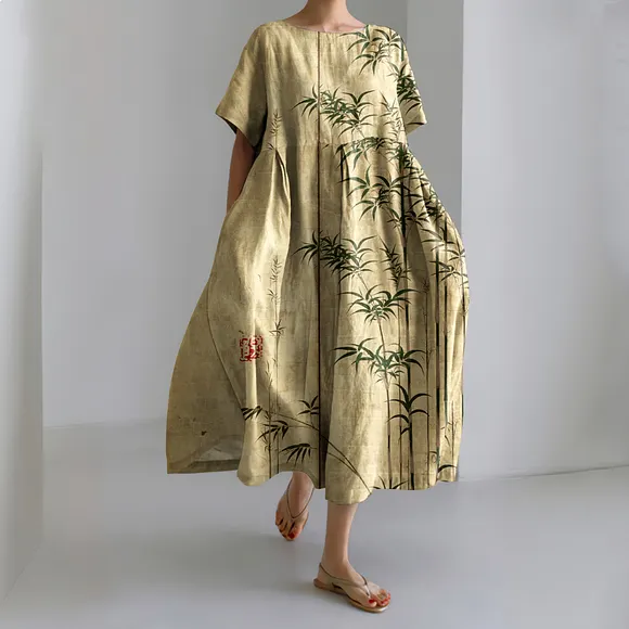 Bamboo Japanese Art Print Casual Loose Dress