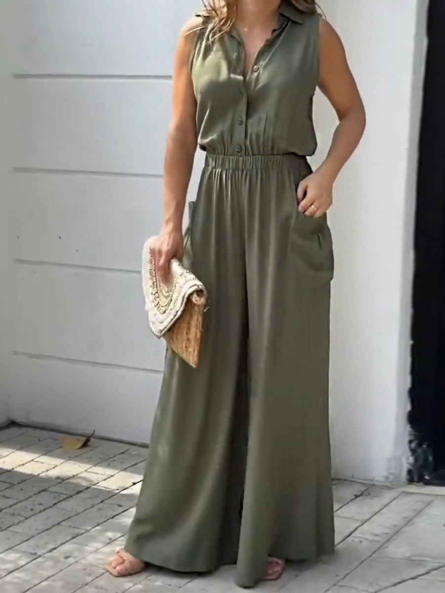 Women Solid Color Shirt Collar Sleeveless Cotton Wide Leg Jumpsuit