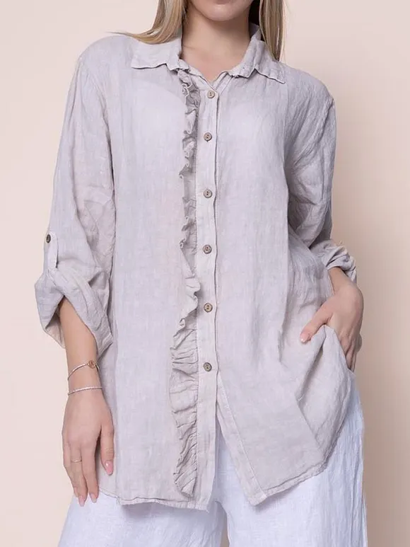 Women's Solid Color Ruffle Shirt Casual Cotton Shirt