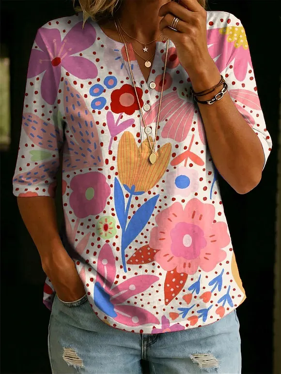 Women's Floral Pattern Art Print Casual Classic Henley Collar 100% Cotton T-shirt