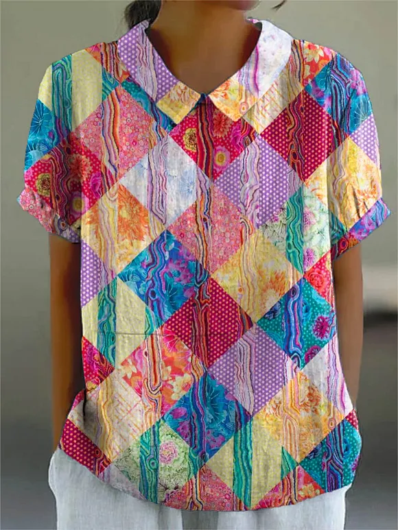 Women's Abstract Geometric Pattern Art Print Casual Cotton And Linen Shirt