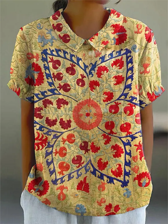 Women's Vintage Lovely Floral Art Print Casual Cotton And Linen Shirt