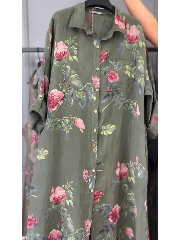 Women's Floral Print Cotton and Linen Shirt Dress