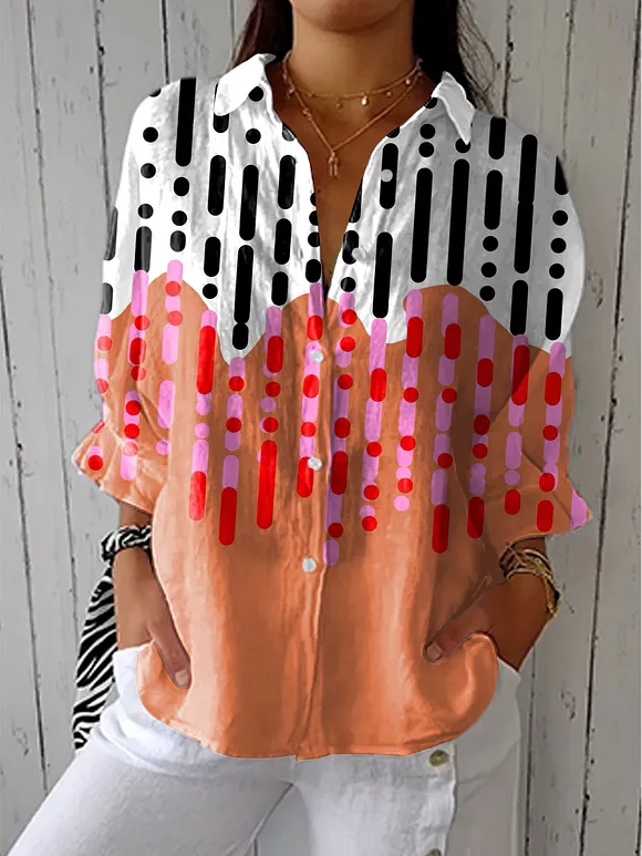 Women's Colorblock Line Art Print Casual Linen V-neck Shirt