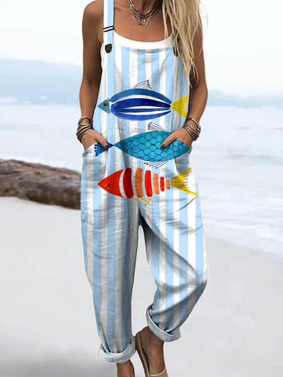 Women's Vintage Fish  Art Print Casual 100% Cotton Wide Leg Jumpsuit