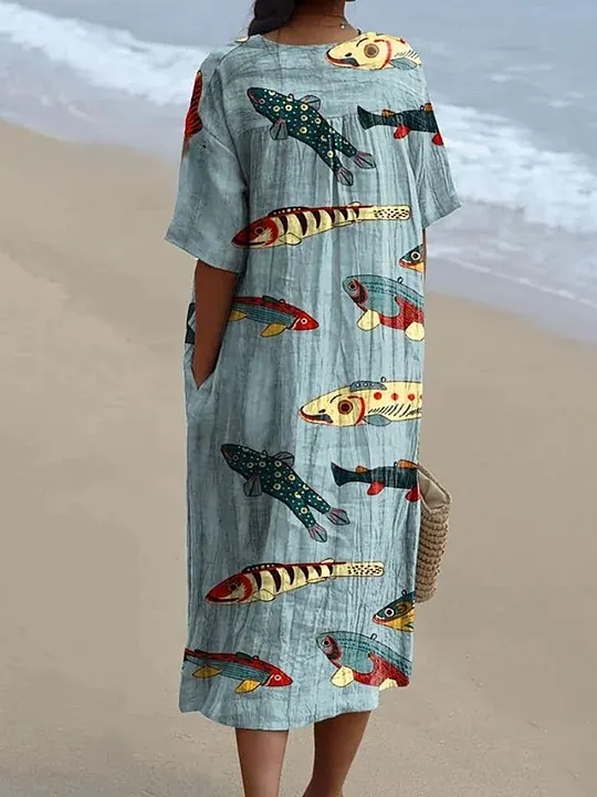Women's Vintage Lovely Fish Art Print Flowy Dress