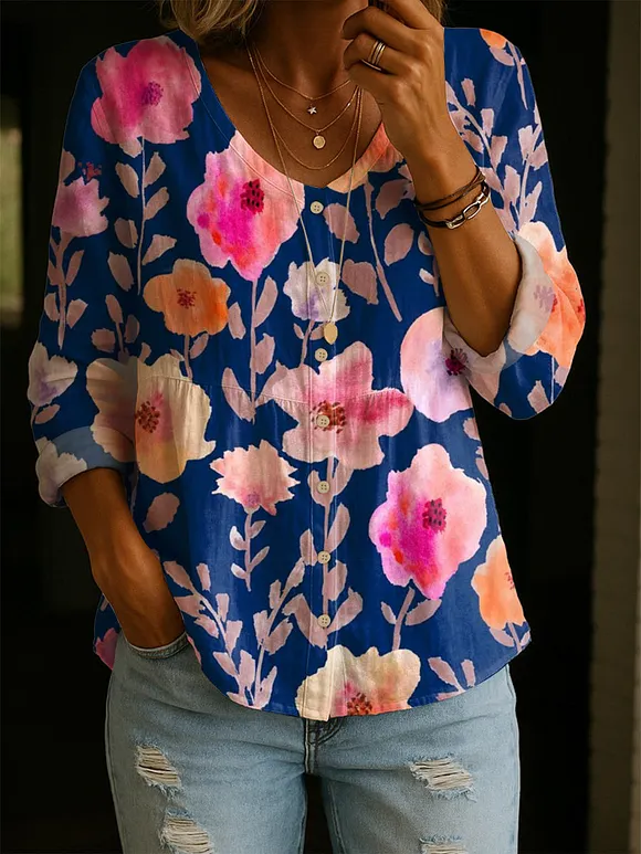 Women's Retro Flower Art Print Linen Cotton Shirt