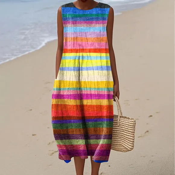Women's Vintage Color Block Line Art Print Sleeveless Cotton Pocket Wrap Dress