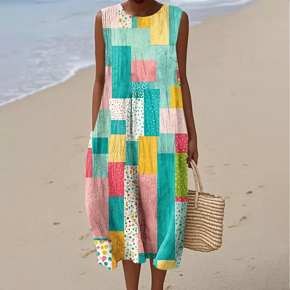 Women's Fashion Color Block Art Print Sleeveless Cotton Pocket Wrap Dress
