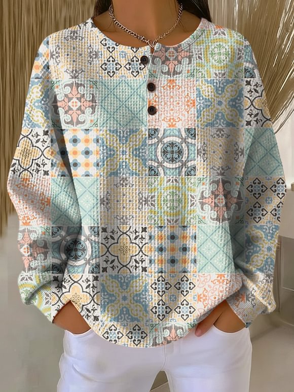 Women's Simple Retro Pattern Art Print Casual Cotton Shirt