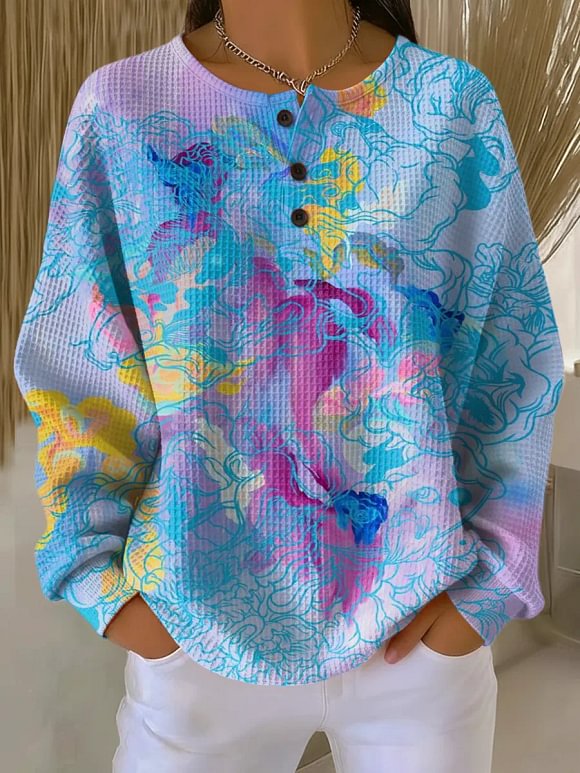 Women's Abstract Pattern Art Print Casual Waffle Sweatshirt