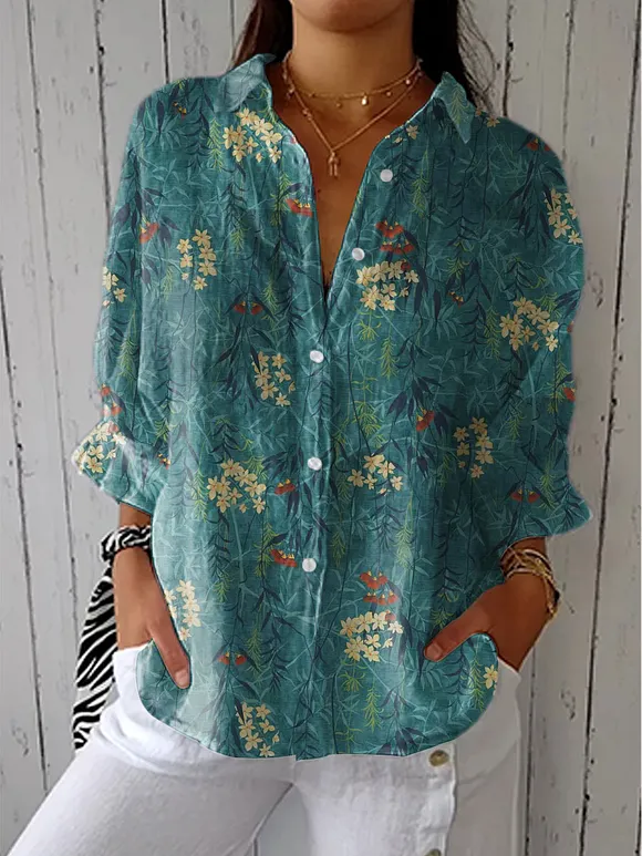 Women's Vintage Floral Art Print Casual Linen V-neck Shirt