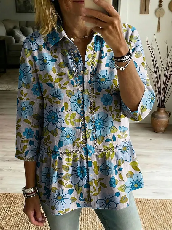 Floral Flowers Art Patterns Casual Patchwork Openwork Webbing Linen And Cotton Shirt