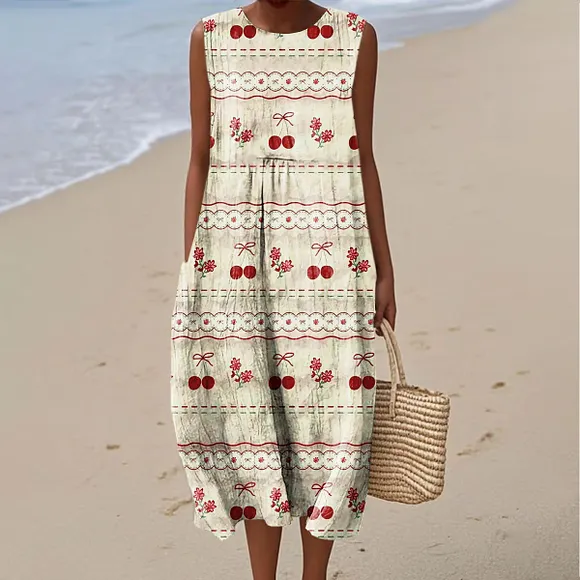 Women's Vintage French Romantic Art Print Sleeveless Cotton Pocket Wrap Dress