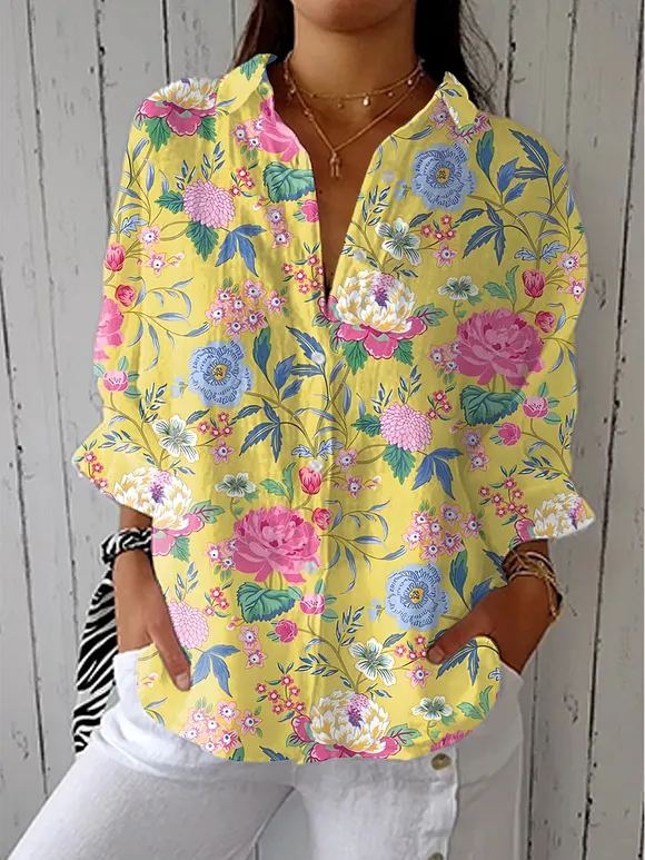 Women's  Vintage Floral Art Print Casual Linen V-neck Shirt