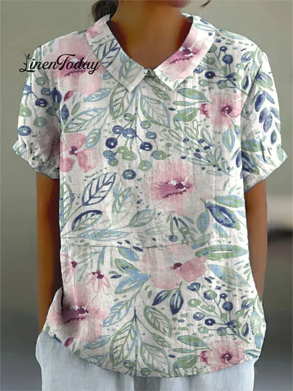 Women's Vintage Floral Art Print Casual Cotton And Linen Shirt