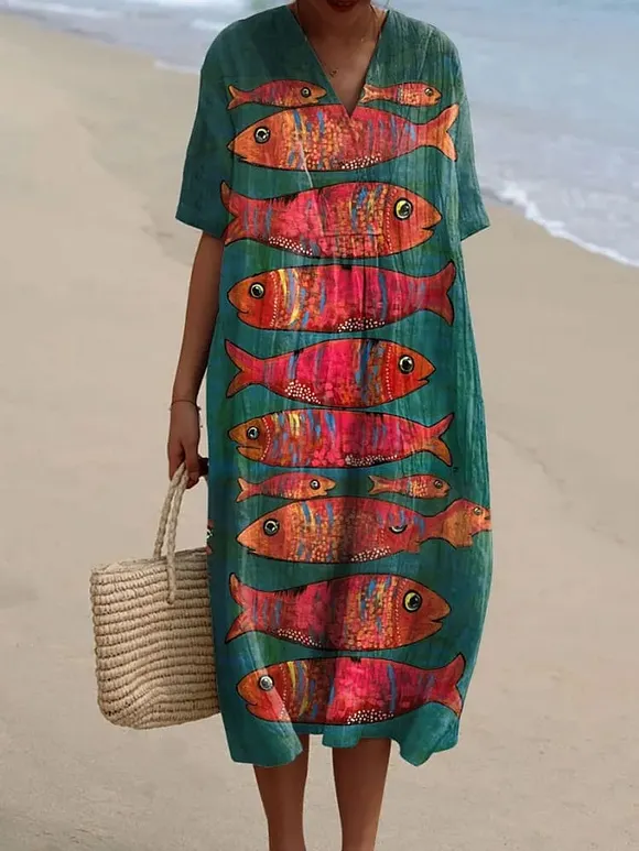Women's Fish Art Cartoon Pattern Art Print Flowy Dress