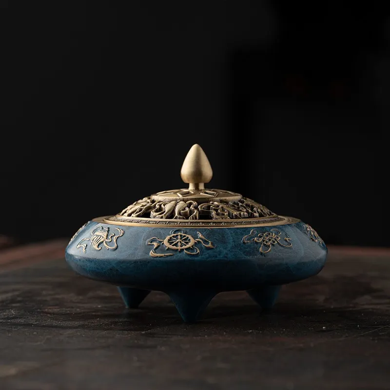 NingNatural Auspicious Symbol Tripod Censer - Brass Openwork Lid & Gold Relief 10