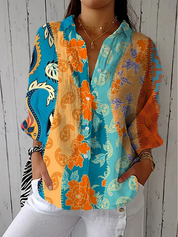 Women's Vintage Floral Art Print Casual Cotton Linen V-neck Shirt