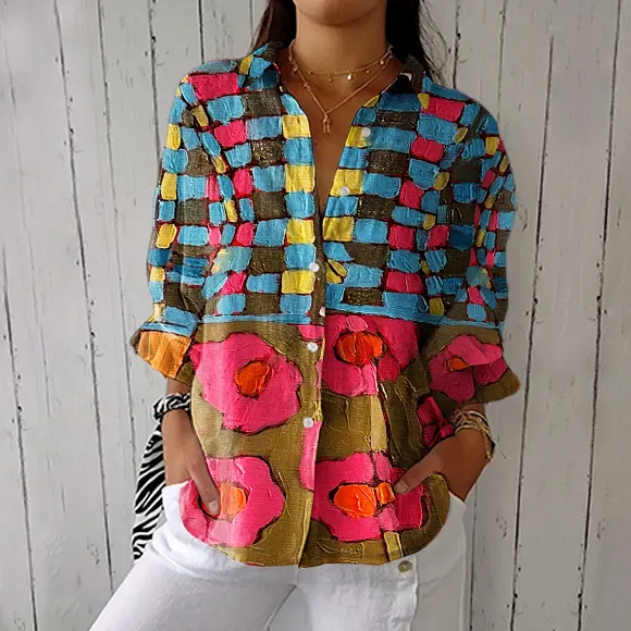 Women's Vintage Abstract Geometric Flower Art Print Casual Linen V-neck Shirt