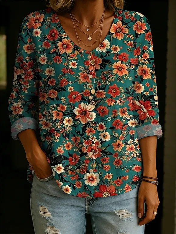 Women's Elegant Floral Decorative Pattern Linen And Cotton Shirt