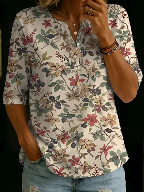 Retro Floral Decorative Pattern Women's Casual Cotton Shirt