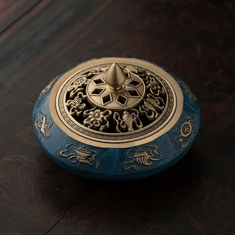 NingNatural Auspicious Symbol Tripod Censer - Brass Openwork Lid & Gold Relief 9