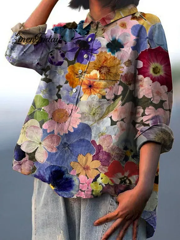 Women's Vintage Floral Art Print Casual Cotton And Linen Shirt