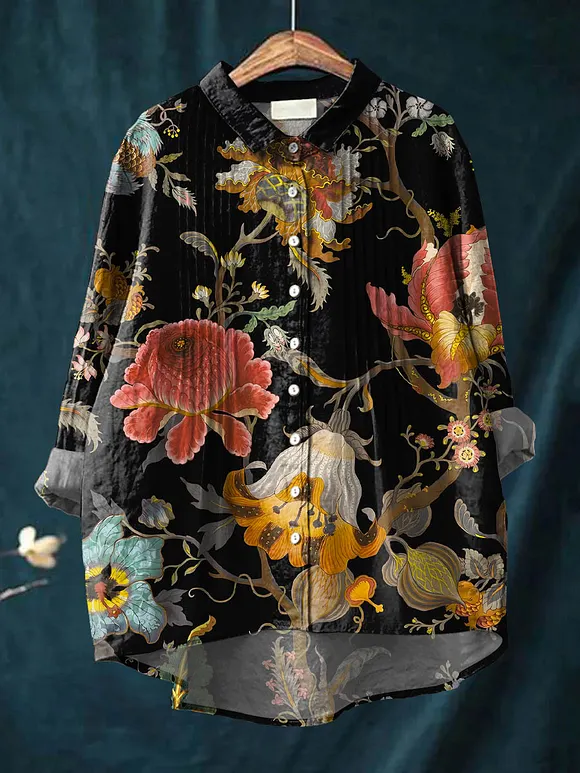 Women's Vintage Floral Art Print Casual Cotton And Linen Ruffle Shirt