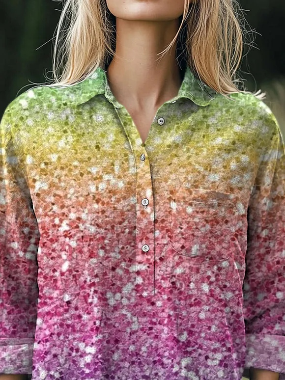 Rainbow Color Glitter Pattern Printed Women's Casual Cotton And Linen Shirt