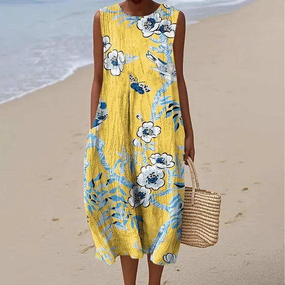 Women's Vintage Floral Art Print Sleeveless Cotton Pocket Wrap Dress