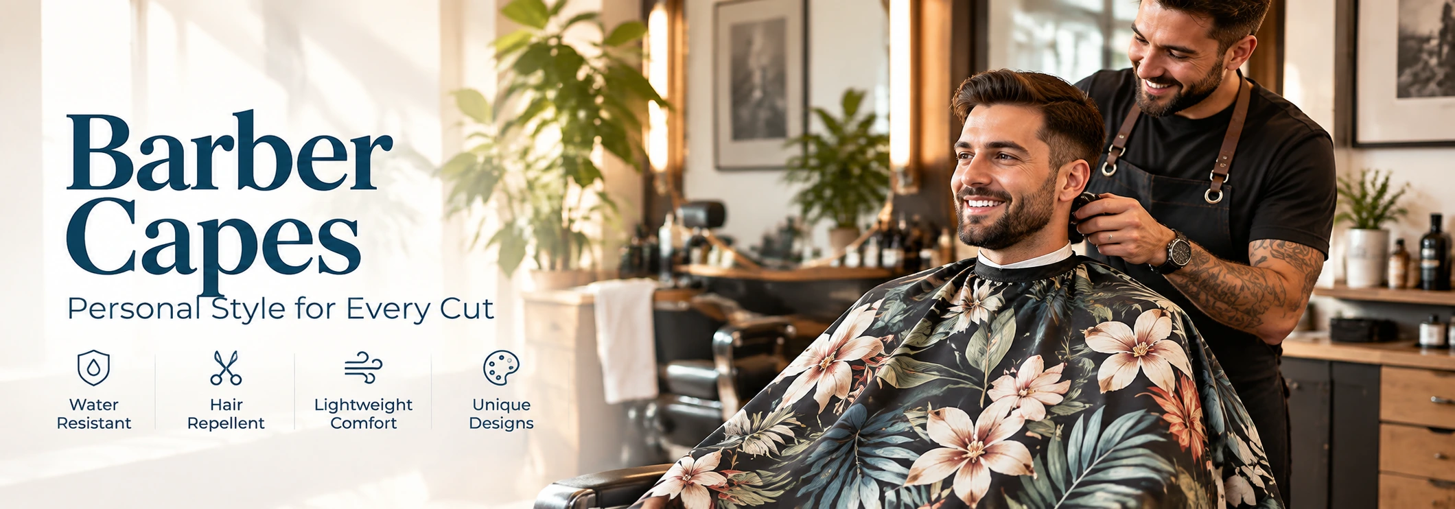 Custom barber capes lifestyle banner in a modern barbershop with a floral printed cape and professional haircut scene