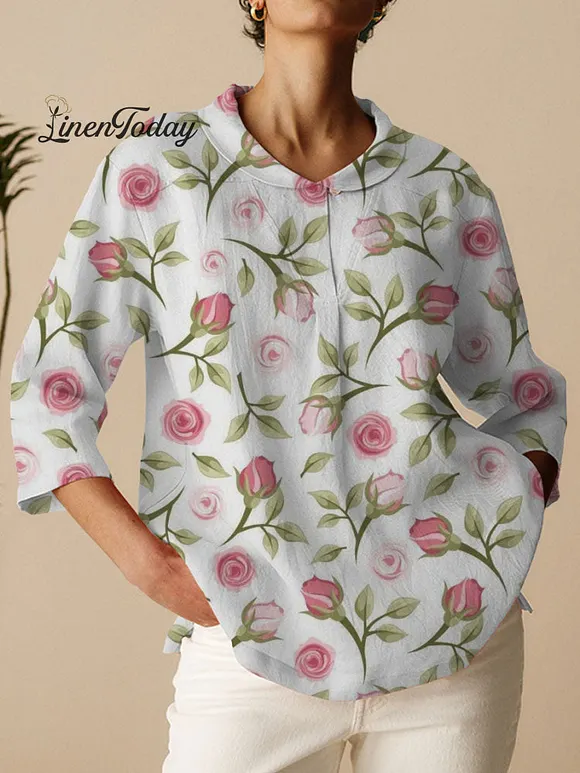 Women's Rose Print Casual Cotton And Linen 3/4 Sleeve Shirt