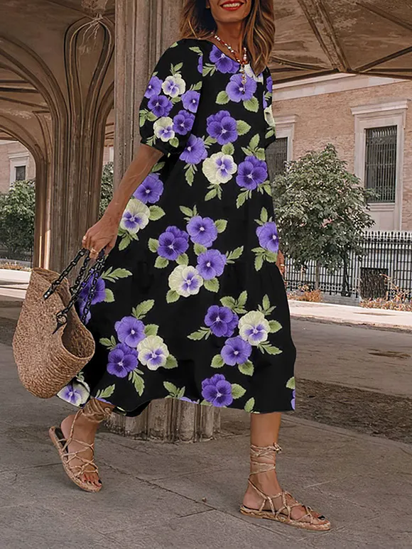 Japanese Purple Floral Art And Spring Midi Dress