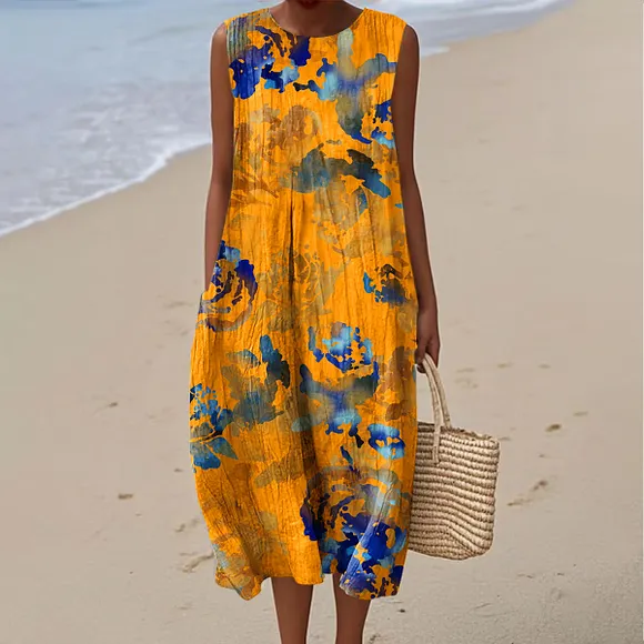 Women's Vintage Floral Art Print Sleeveless Cotton Pocket Wrap Dress